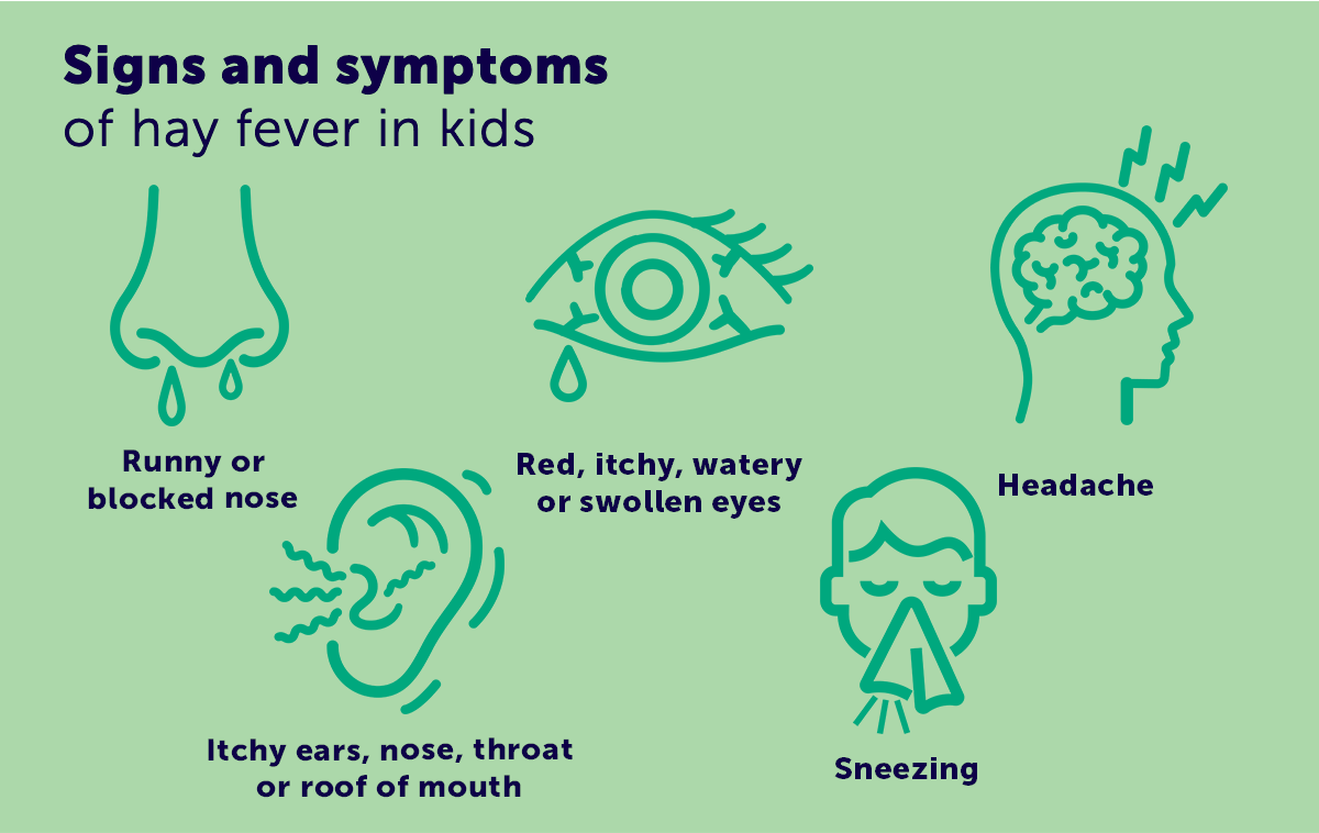 Graphic showing the signs and symptoms of hay fever in kids; from left-to-right it lists runny or blocked nose; red, itchy, watery or swollen eyes; headache; itchy ears, nose, throat or roof of mouth; and sneezing.