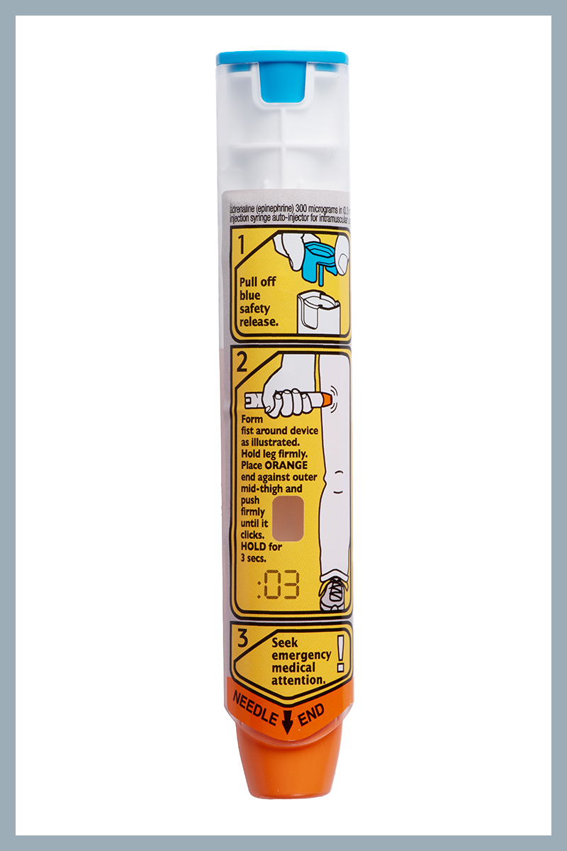 EpiPen adrenaline autoinjector EpiPen adrenaline autoinjector device, with blue cap on