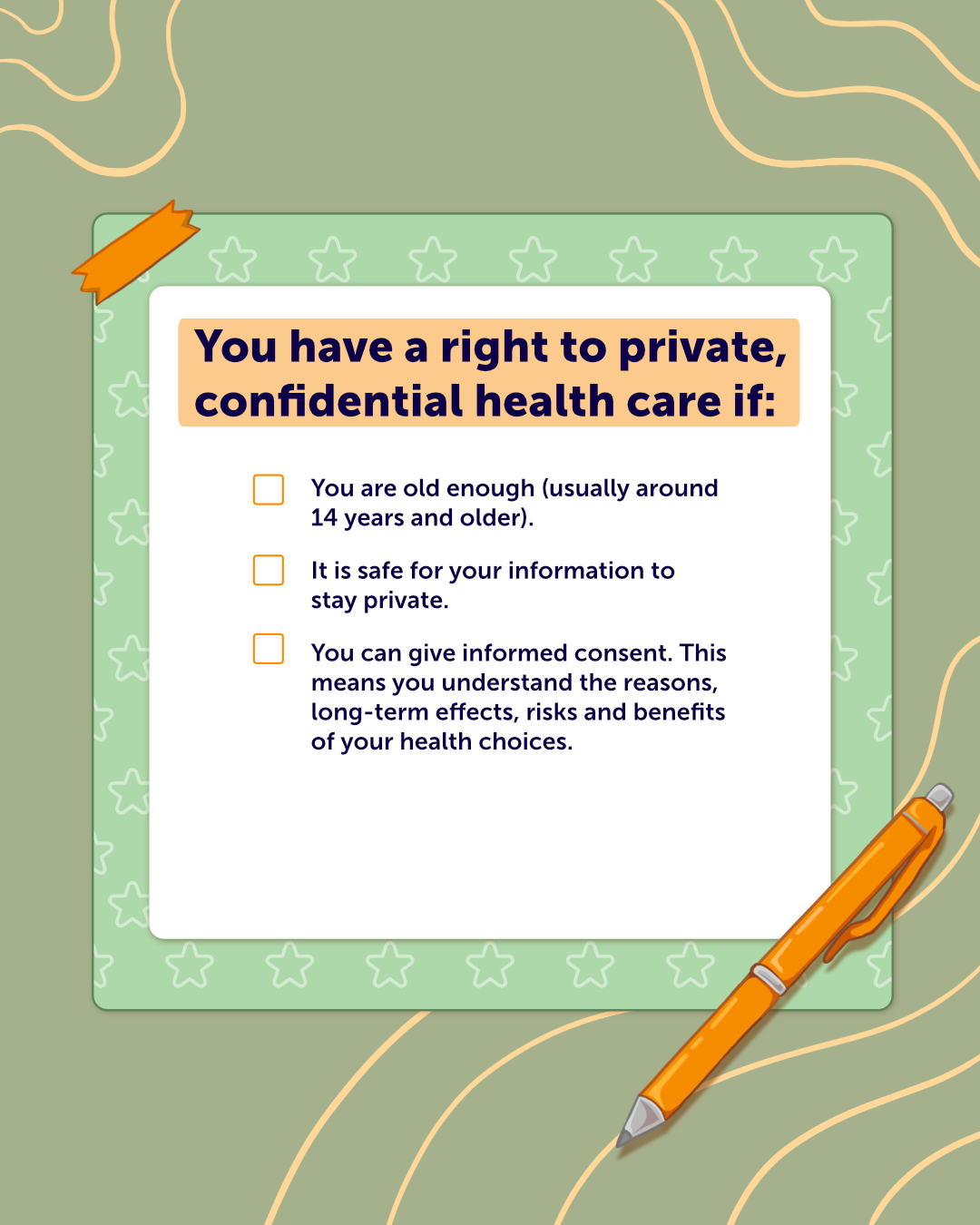 20260417_THI_Confidentiality_Illustration_ConfidentialityChecklist Illustration showing when young people are entitled to private and confidential health care.